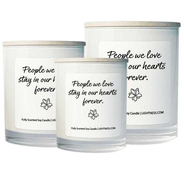 3 Candles in white glass jars - XL, large, medium with Condolence quote - People we love stay in our hearts forever.