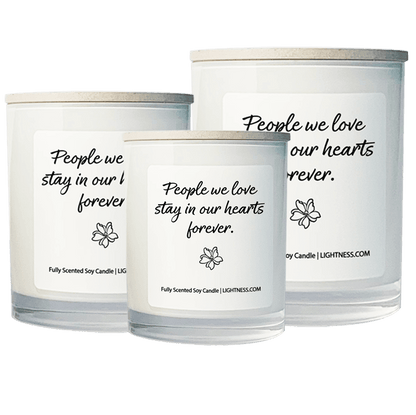 3 Candles in white glass jars - XL, large, medium with Condolence quote - People we love stay in our hearts forever.