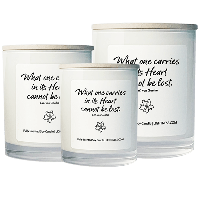 3 Candles in white glass jars - XL, large, medium with Condolence quote - What one carries in its heart cannot be lost.