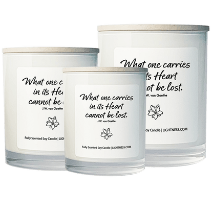 3 Candles in white glass jars - XL, large, medium with Condolence quote - What one carries in its heart cannot be lost.