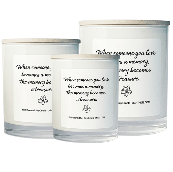 3 Candles in white glass jars - XL, large, medium with Condolence quote - When someone you love becomes a memory, the memory becomes a treasure.