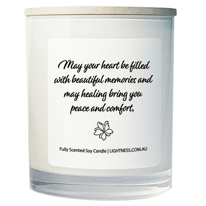 Candle in white glass jar with Condolence quote - May your heart be filled with beautiful memories and may healing bring you peace and comfort.