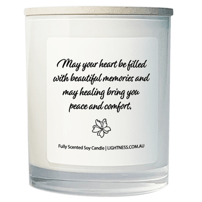 Candle in white glass jar with Condolence quote - May your heart be filled with beautiful memories and may healing bring you peace and comfort.