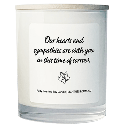 Candle in white glass jar with Condolence quote - Our hearts are with you in this time of sorrow.