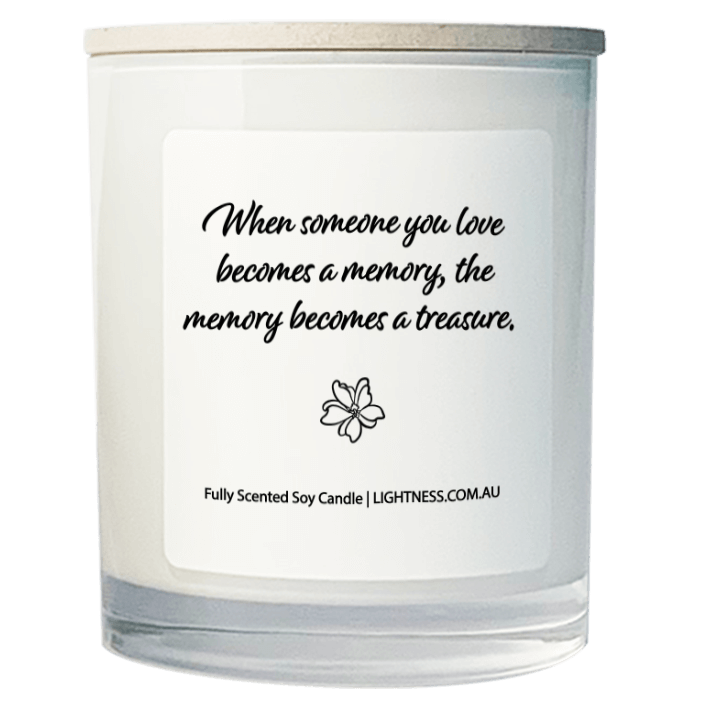 Candle in white glass jar with Condolence quote - When someone you love becomes a memory, the memory becomes a treasure.