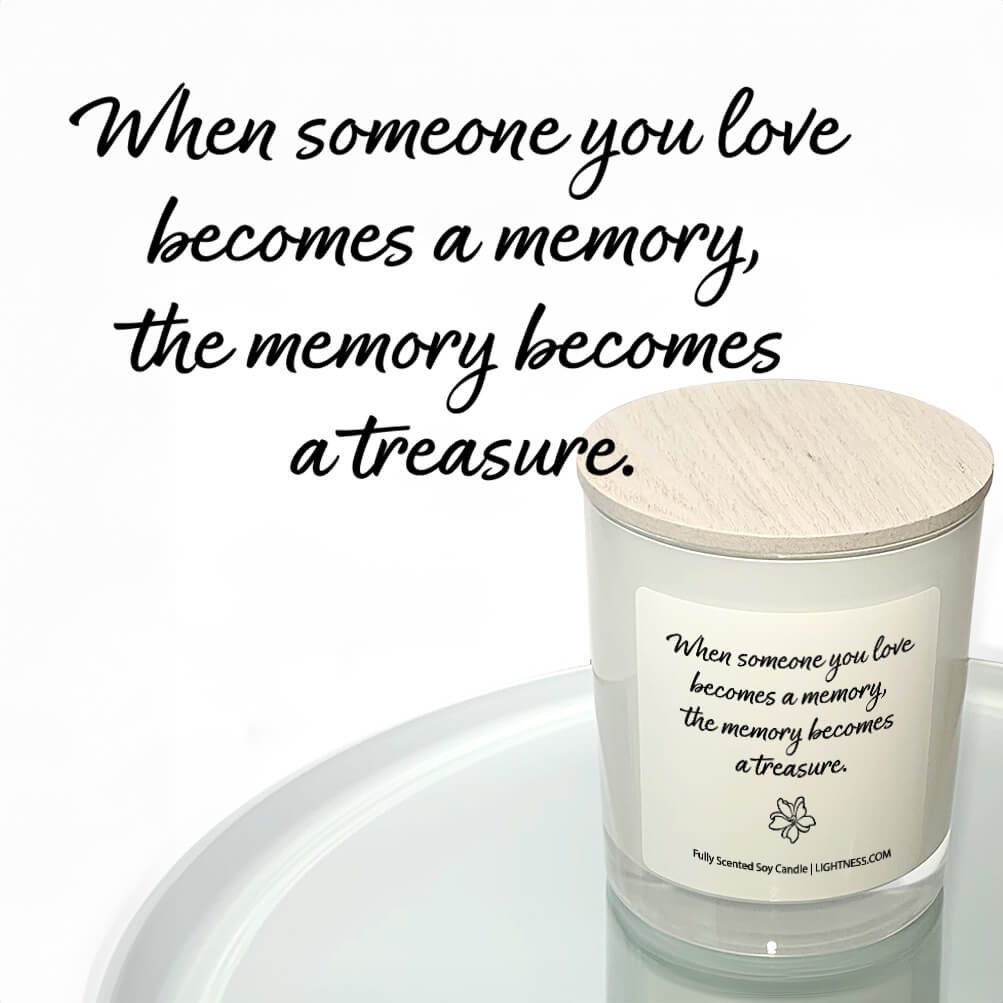 Candle in white glass jar reflected in mirror with Condolence quote - When someone you love becomes a memory, the memory becomes a treasure.