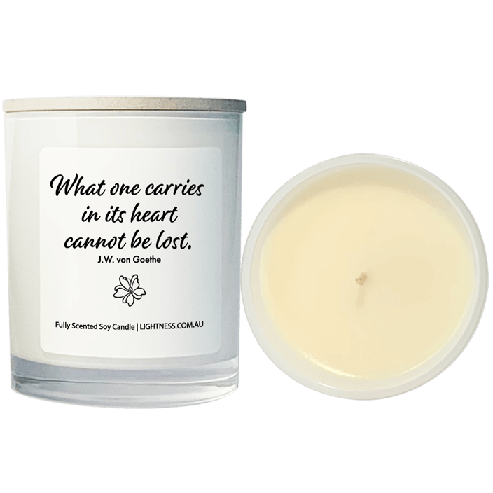 Candle from front and top view with Condolence quote - What one carries in its heart cannot be lost.