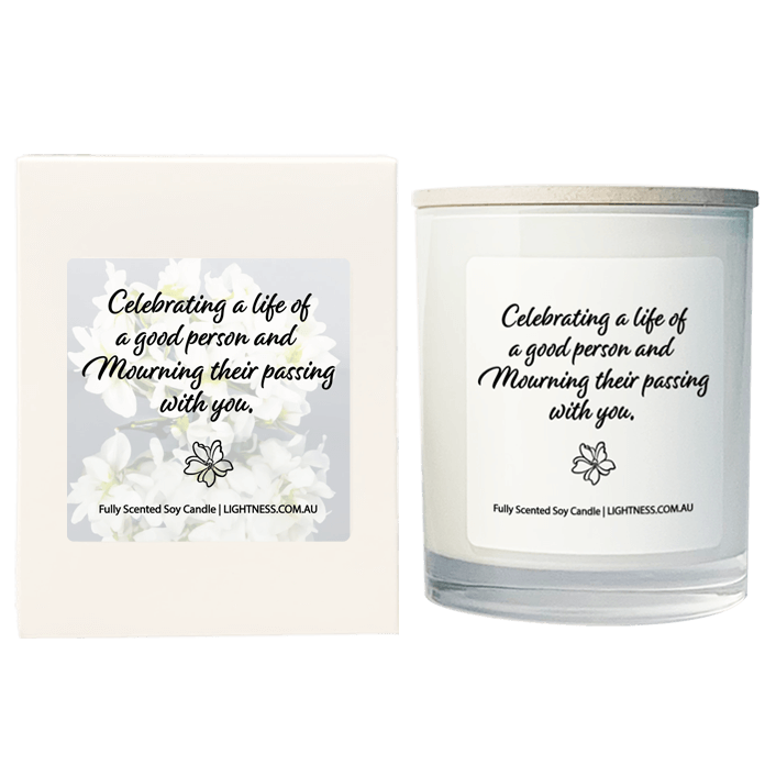 Candle in white glass jar with White Gift Box -  Celebrating a life of a good person and mourning their passing with you.