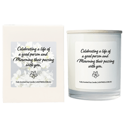 Candle in white glass jar with White Gift Box -  Celebrating a life of a good person and mourning their passing with you.