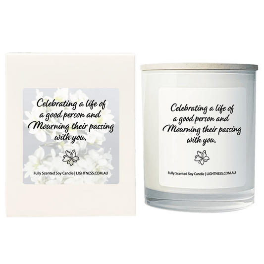 Candle in white glass jar with White Gift Box -  Celebrating a life of a good person and mourning their passing with you.