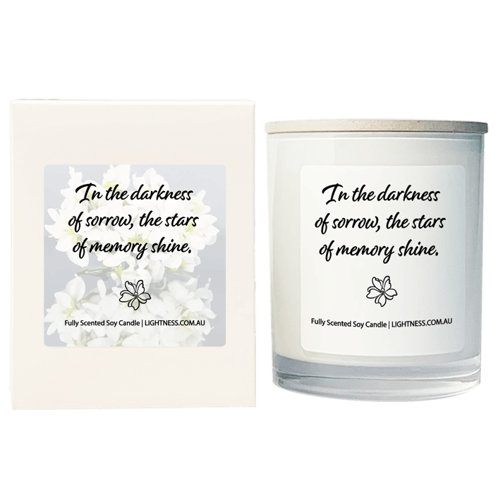 Candle in white glass jar with White Gift Box - In the darkness of sorrow, the stars of memory shine.