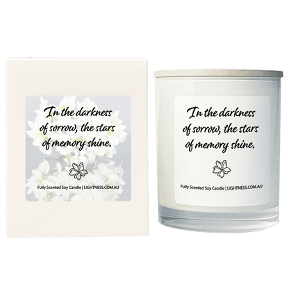 Candle in white glass jar with White Gift Box - In the darkness of sorrow, the stars of memory shine.