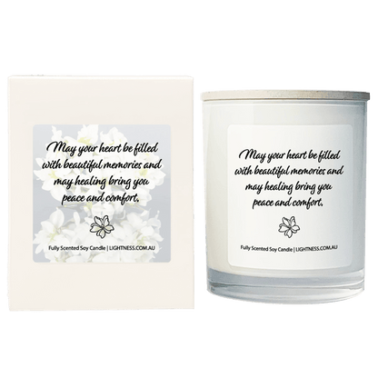 Candle in white glass jar with White Gift Box - May your heart be filled with beautiful memories and may healing bring you peace and comfort.