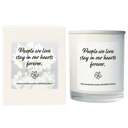 Candle in white glass jar with White Gift Box - People we love stay in our hearts forever.