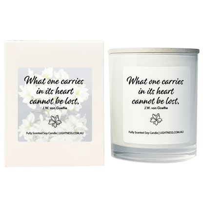 Candle in white glass jar with White Gift Box - What one carries in its heart cannot be lost.