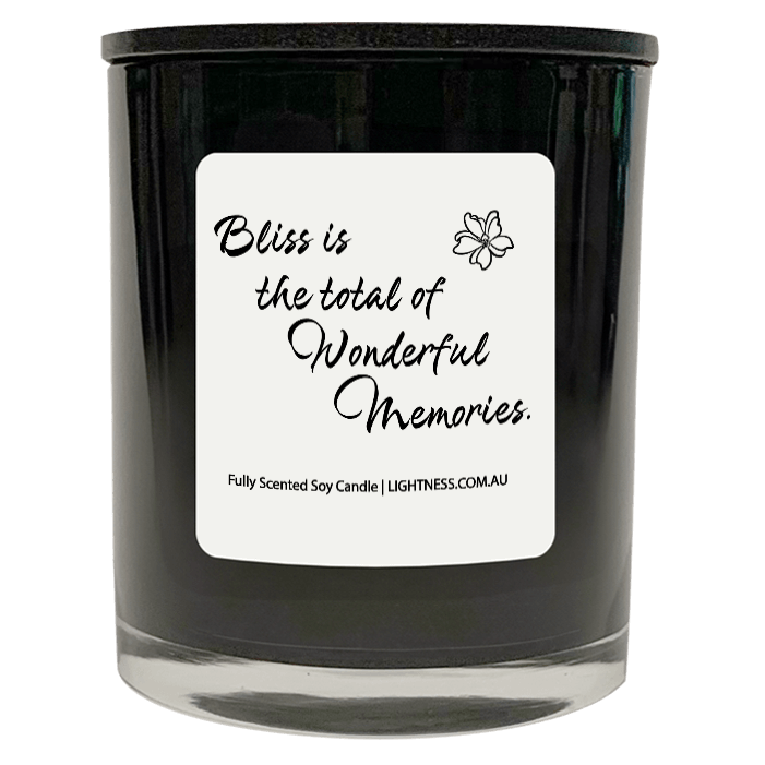 Candle in black glass jar with Happiness quote - Bliss is the total of wonderful memories.