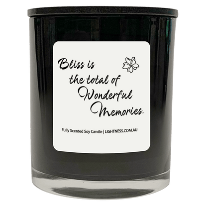 Candle in black glass jar with Happiness quote - Bliss is the total of wonderful memories.