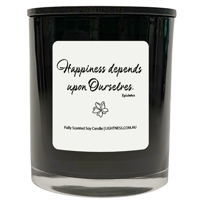 Candle in black glass jar with Happiness quote - Happiness depends upon ourselves.