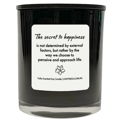 Candle in black glass jar with Happiness quote - The secret to happiness is not determined by external factors, but rather by the way we choose to perceive and approach life.