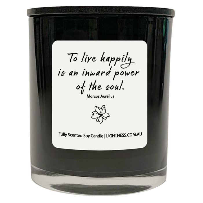 Candle in black glass jar with Happiness quote - To live happily is an inward power of the soul.