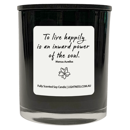 Candle in black glass jar with Happiness quote - To live happily is an inward power of the soul.