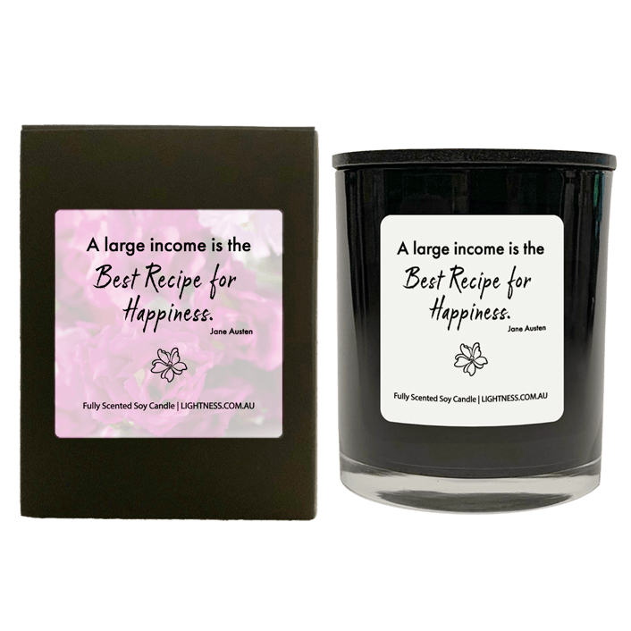 Candle in black  glass jar with black Gift Box - A large income is the best recipe for happiness.