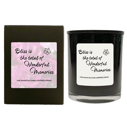 Candle in black  glass jar with black Gift Box - Bliss is the total of wonderful memories.