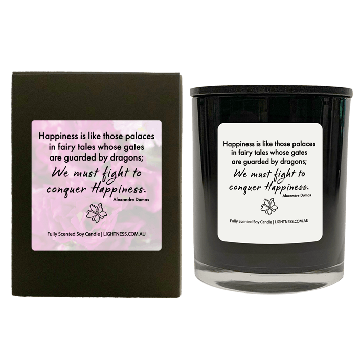 Candle in black  glass jar with black Gift Box - Happiness is like those palaces in fairy tales whose gates are guarded by dragons; we must fight in order to conquer it.