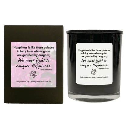 Candle in black  glass jar with black Gift Box - Happiness is like those palaces in fairy tales whose gates are guarded by dragons; we must fight in order to conquer it.