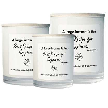 3 Candles in white glass jars - XL, large, medium with Happiness quote - Any skill you possess adds to your overall happiness.