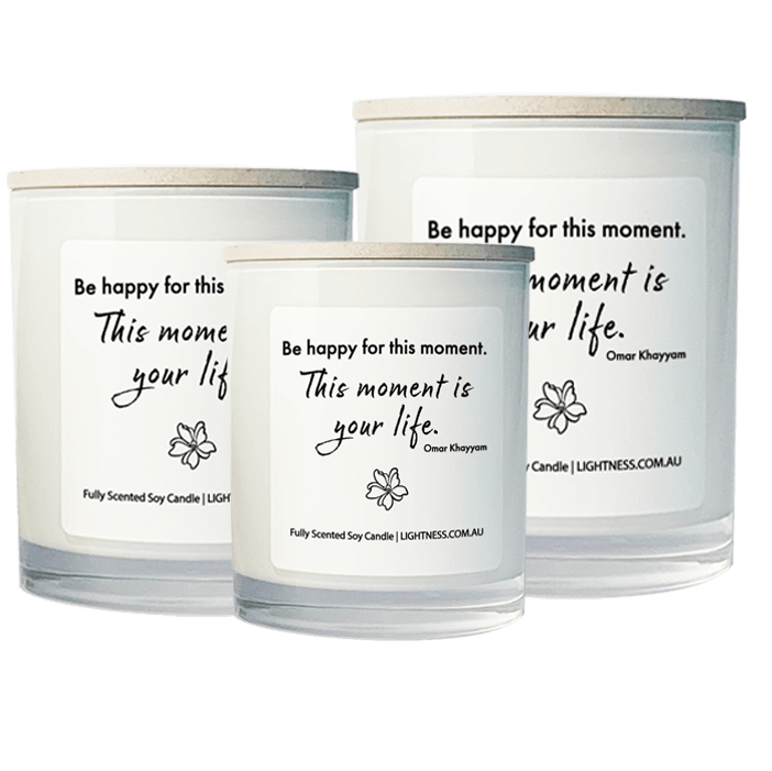 3 Candles in white glass jars - XL, large, medium with Happiness quote - Be happy for this moment. This moment is your life.