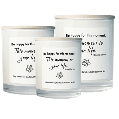 3 Candles in white glass jars - XL, large, medium with Happiness quote - Be happy for this moment. This moment is your life.