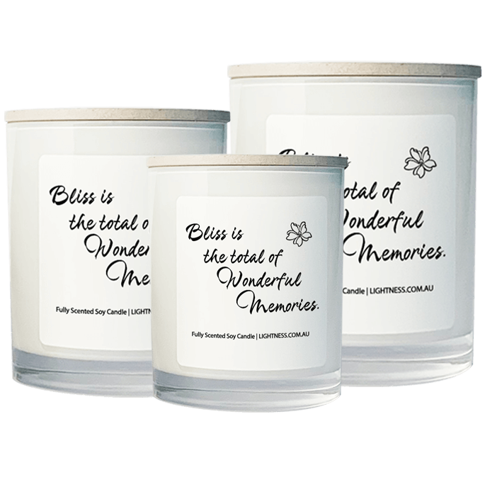 3 Candles in white glass jars - XL, large, medium with Happiness quote - Bliss is the total of wonderful memories.