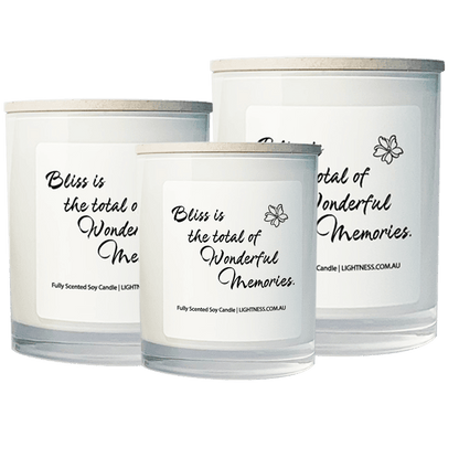 3 Candles in white glass jars - XL, large, medium with Happiness quote - Bliss is the total of wonderful memories.