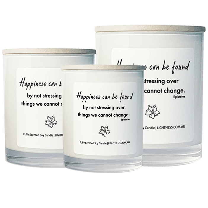 3 Candles in white glass jars - XL, large, medium with Happiness quote - Happiness can be found by not stressing over things we cannot change.