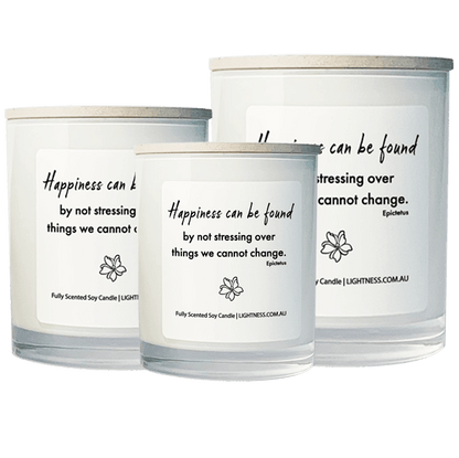 3 Candles in white glass jars - XL, large, medium with Happiness quote - Happiness can be found by not stressing over things we cannot change.