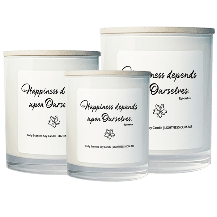 3 Candles in white glass jars - XL, large, medium with Happiness quote - Happiness depends upon ourselves.