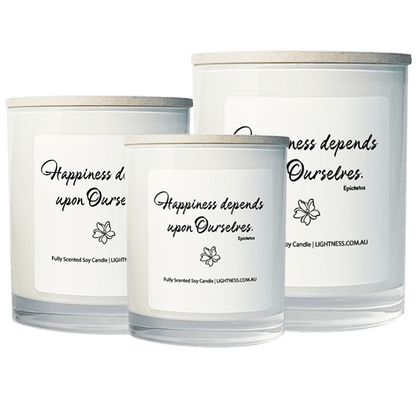 3 Candles in white glass jars - XL, large, medium with Happiness quote - Happiness depends upon ourselves.