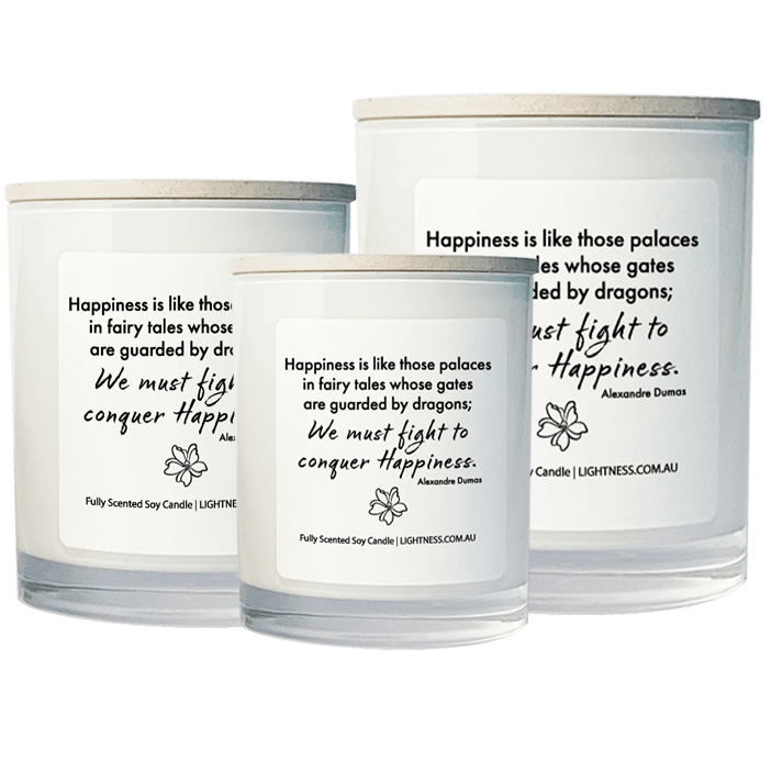 3 Candles in white glass jars - XL, large, medium with Happiness quote - Happiness is like those palaces in fairy tales whose gates are guarded by dragons; we must fight in order to conquer it.