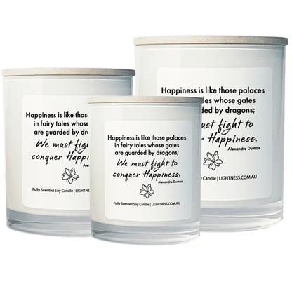 3 Candles in white glass jars - XL, large, medium with Happiness quote - Happiness is like those palaces in fairy tales whose gates are guarded by dragons; we must fight in order to conquer it.