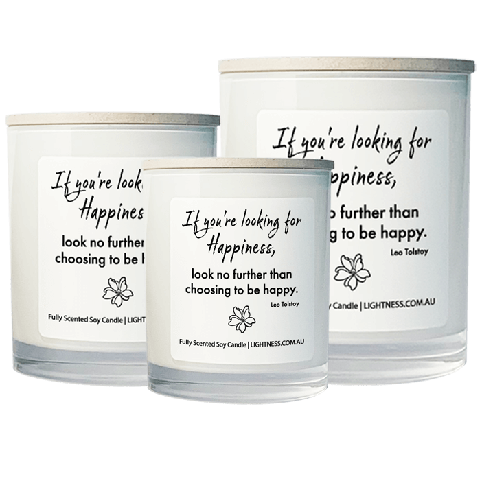 3 Candles in white glass jars - XL, large, medium with Happiness quote - If you're looking for happiness, look no further than choosing to be happy.