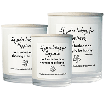 3 Candles in white glass jars - XL, large, medium with Happiness quote - If you're looking for happiness, look no further than choosing to be happy.