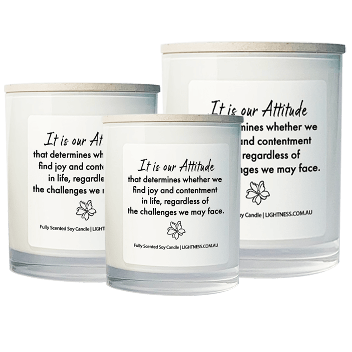 3 Candles in white glass jars - XL, large, medium with Happiness quote - It is our attitude that determines whether we find joy and contentment in life, regardless of the challenges we may face.