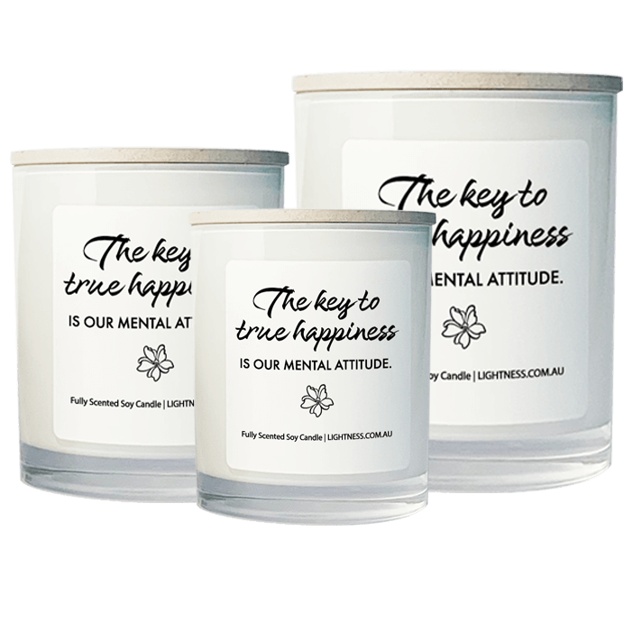 3 Candles in white glass jars - XL, large, medium with Happiness quote - The key to true happiness is our mental attitude.