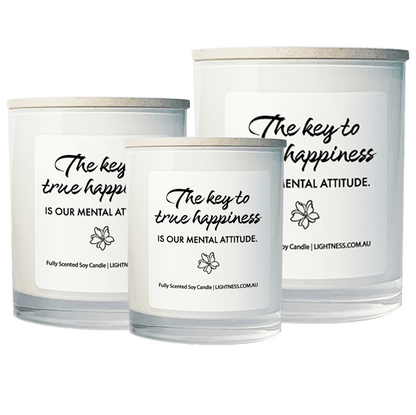 3 Candles in white glass jars - XL, large, medium with Happiness quote - The key to true happiness is our mental attitude.