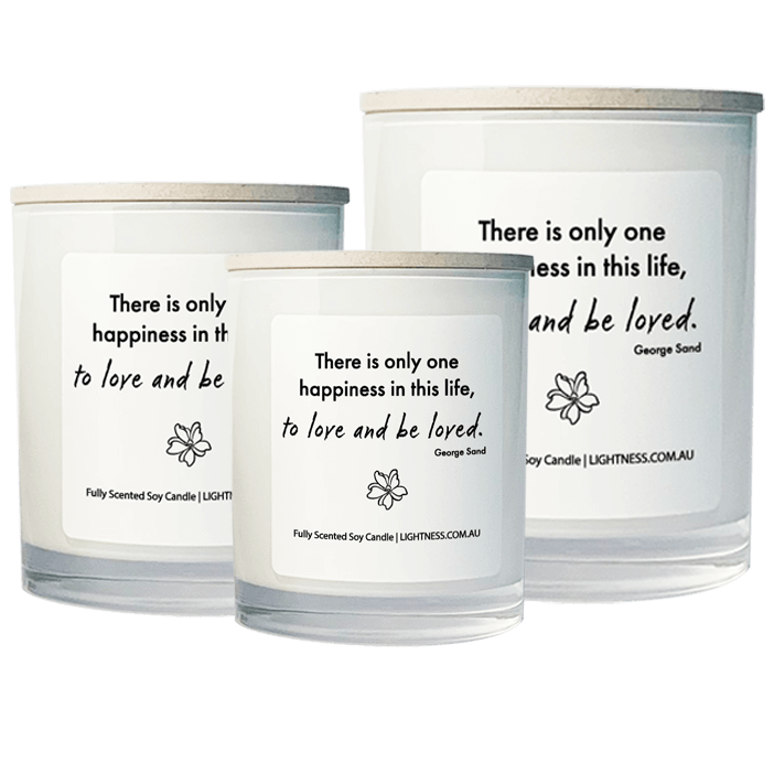 3 Candles in white glass jars - XL, large, medium with Happiness quote - There is only one happiness in this life, to love and be loved.