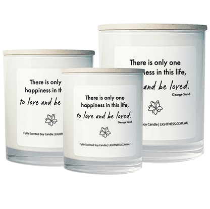 3 Candles in white glass jars - XL, large, medium with Happiness quote - There is only one happiness in this life, to love and be loved.