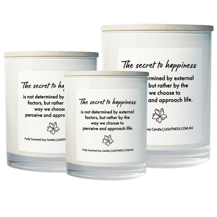 3 Candles in white glass jars - XL, large, medium with Happiness quote - The secret to happiness is not determined by external factors, but rather by the way we choose to perceive and approach life.