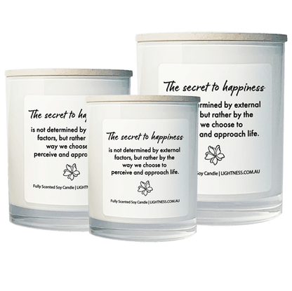 3 Candles in white glass jars - XL, large, medium with Happiness quote - The secret to happiness is not determined by external factors, but rather by the way we choose to perceive and approach life.