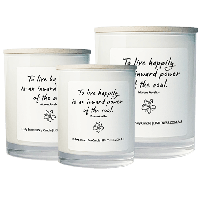 3 Candles in white glass jars - XL, large, medium with Happiness quote - To live happily is an inward power of the soul.